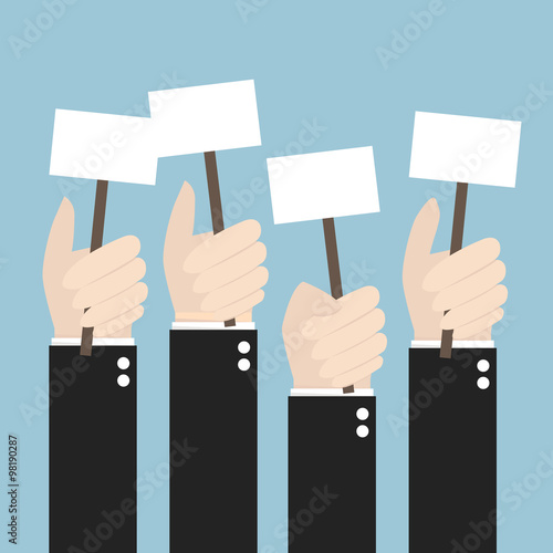 Businessmen holding a signboard with the blank paper. A lot of h