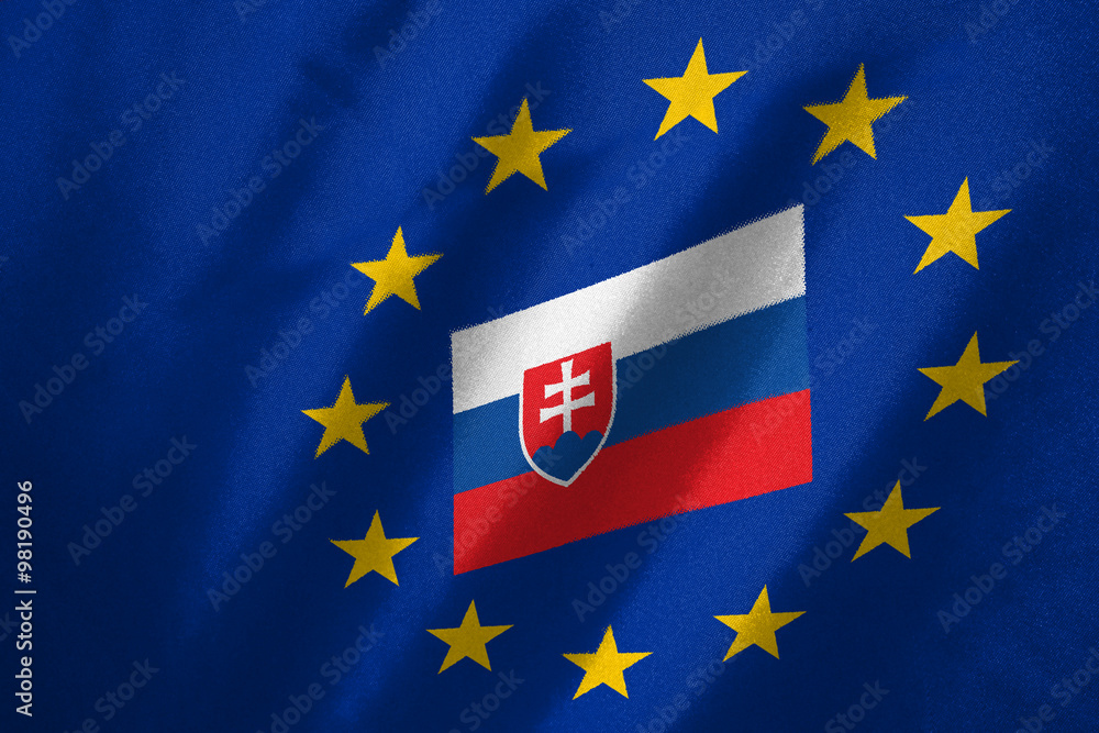 Slovakia flag in EU flag on fabric