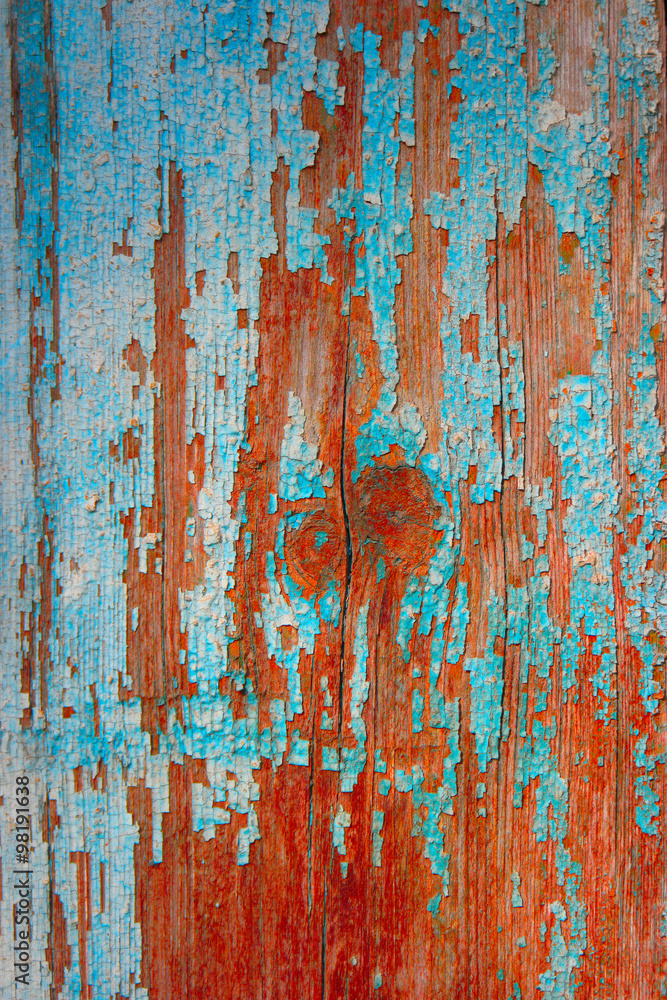 Blue wooden background. Weathered painted planks turquoise texture macro