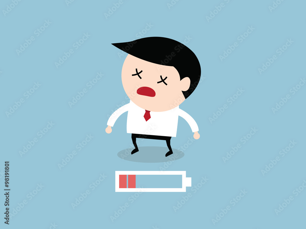 Businessman with low battery, flat design, vector EPS10 Businessman with low battery, flat design, vector EPS10