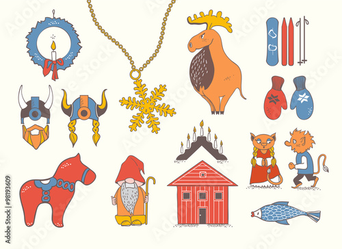 Set with design elements of symbols of Sweden, Denmark, Iceland, Norway
