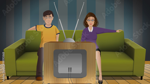cartoon vector illustration of a couple watching TV
