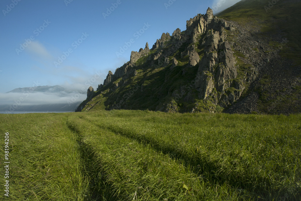Track in the green grass at the foot of the mountains. Magadan Region. Koni peninsula. Russia
