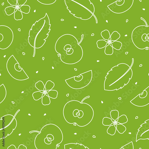 Seamless pattern with slices of Apple, flowers and leaves