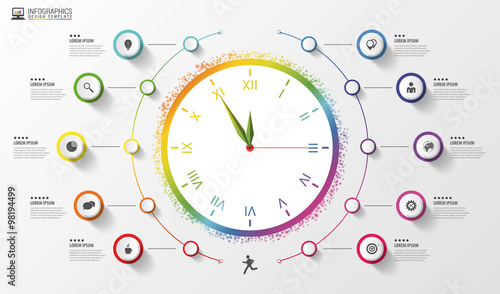 Infographic. Business Clock. Colorful circle with icons. Vector