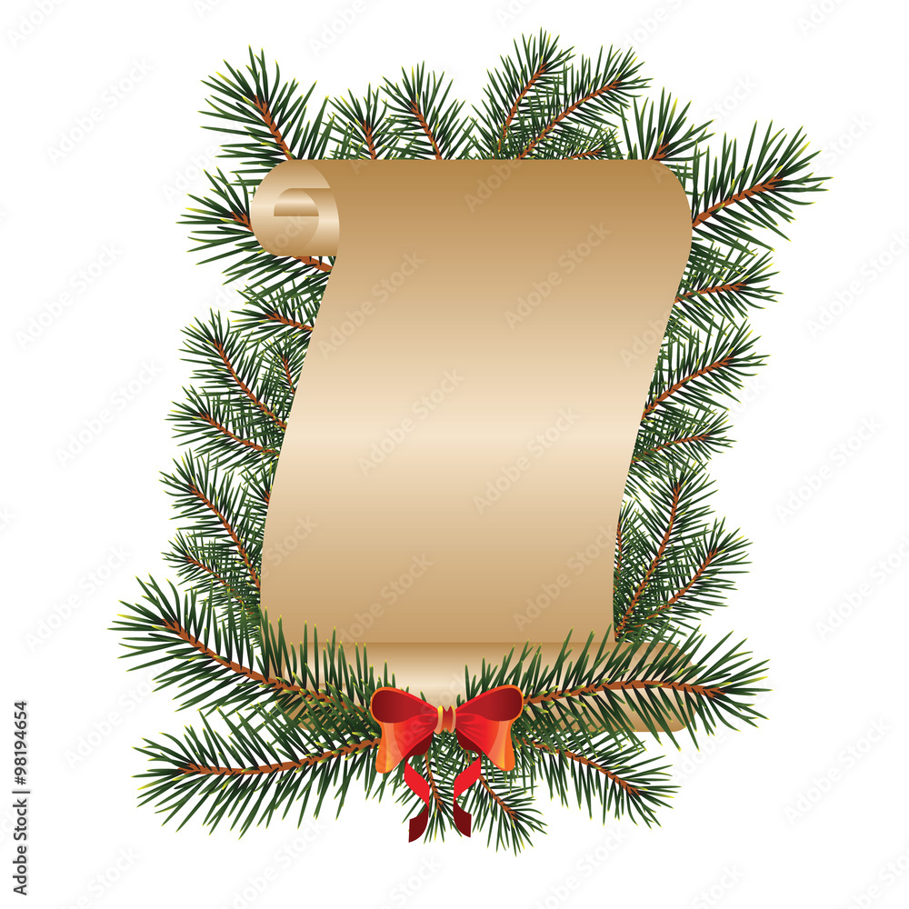 Vector.Christmas scroll with a bow and fir branches on a white b Vector.Christmas scroll with a bow and fir branches on a white b