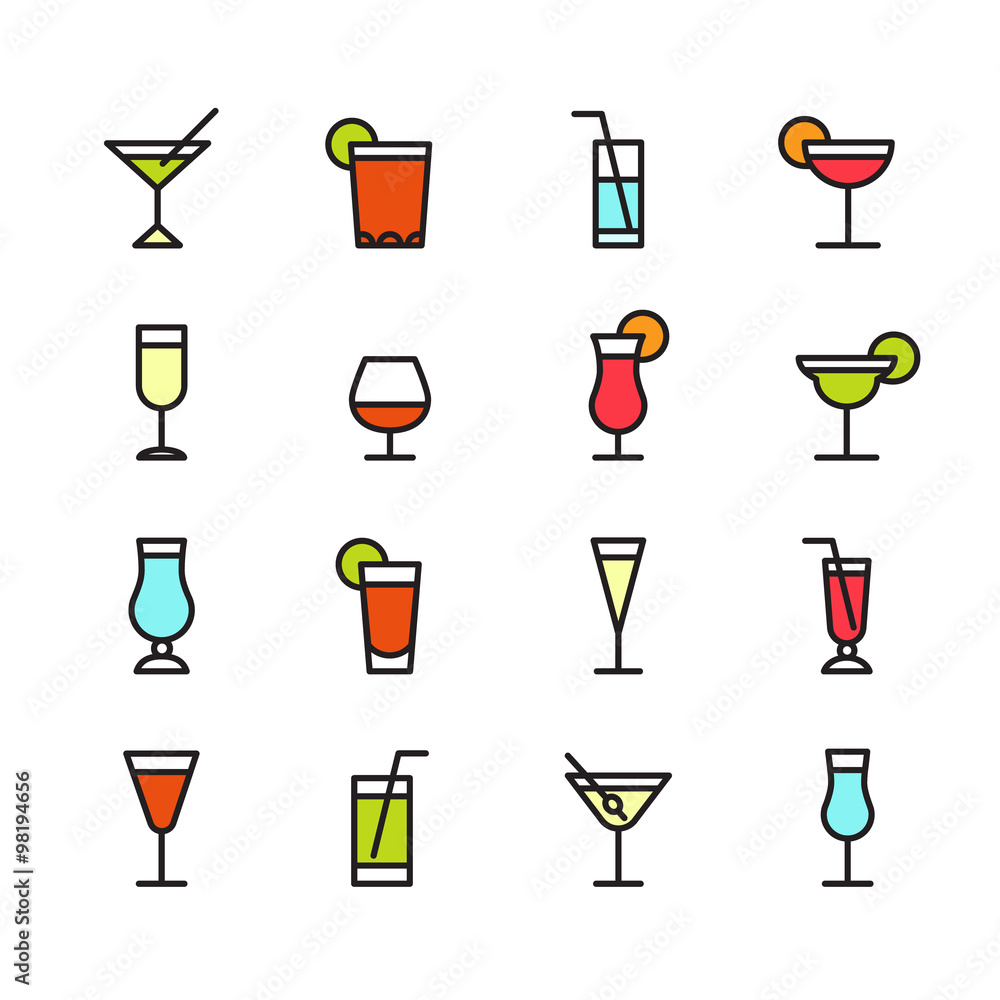 Beverage, cocktail, and drinks vector glasses icons set. Beverage, cocktail, and drinks vector glasses icons set.
