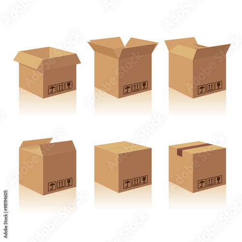 Closed and open recycle brown carton delivery packaging box with fragile signs. Collection vector illustration isolated box on white background for web, icon, banner, infographic.