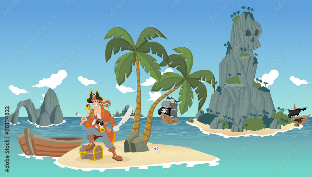 Obraz premium Cartoon pirates on a beautiful tropical beach with gold chest