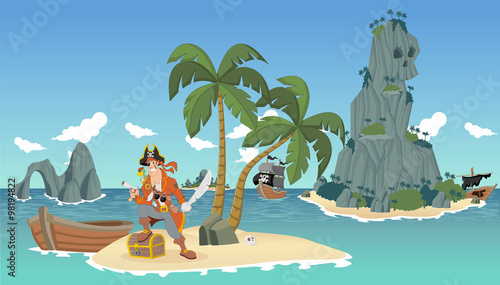 Cartoon pirates on a beautiful tropical beach with gold chest