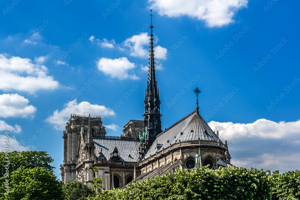 Spire and east side of Cathedral Notre Dame de Paris. France.