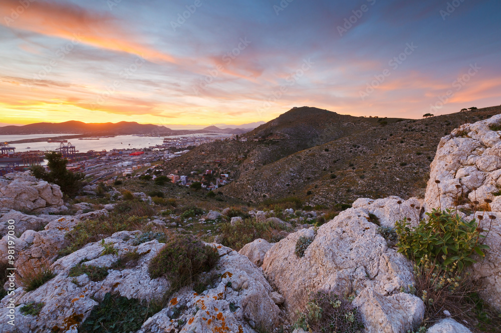 Obraz premium View of Piraeus harbour in Athens from the foothills of Aegaleo mountains