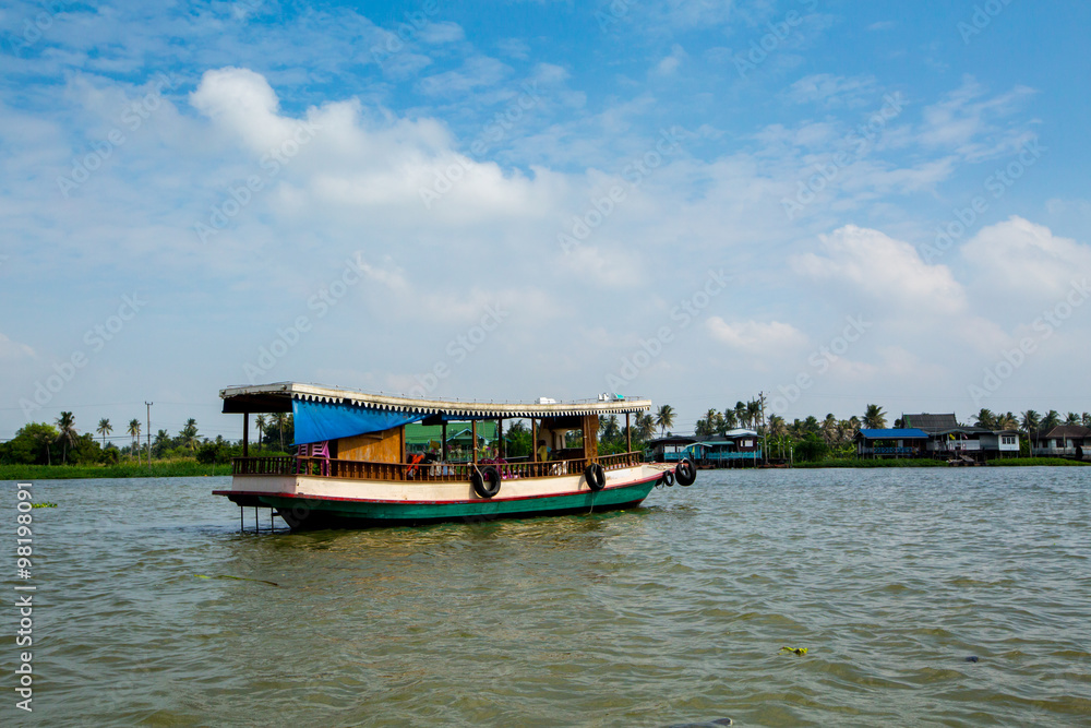 A tourist taxi boat on the Chao Phraya River in Bangkok, Thailan