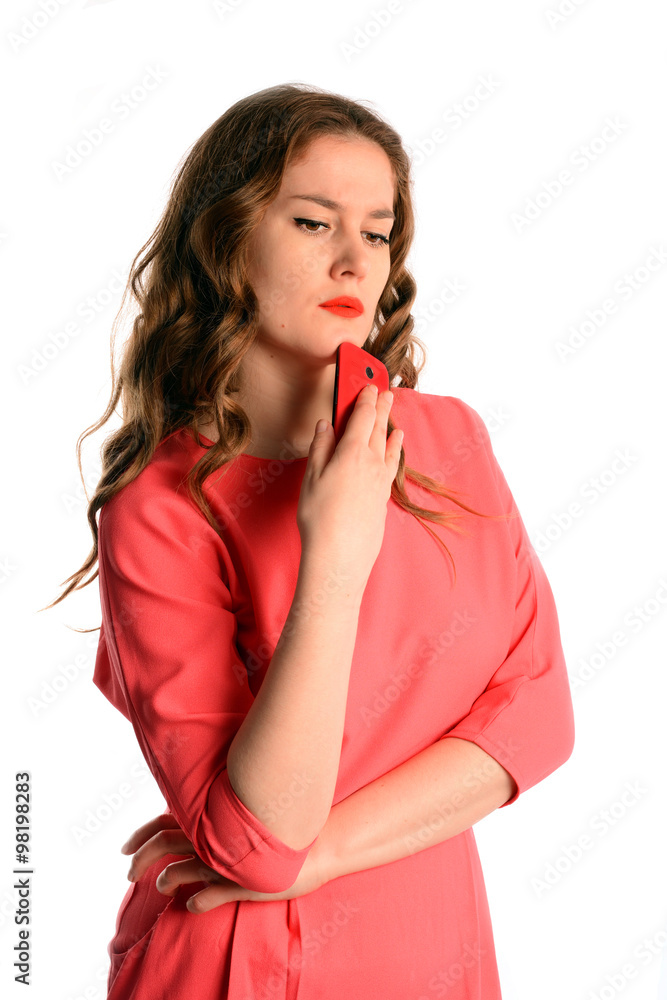 Closeup portrait upset sad, skeptical, unhappy, serious woman with phone, Isolated on white background. Closeup portrait upset sad, skeptical, unhappy, serious woman with phone, Isolated on white background.