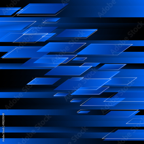 Tech dark background with blue glowing stripes. Vector design