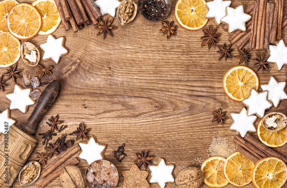 Christmas cookies, spices and baking ingredients Christmas cookies, spices and baking ingredients