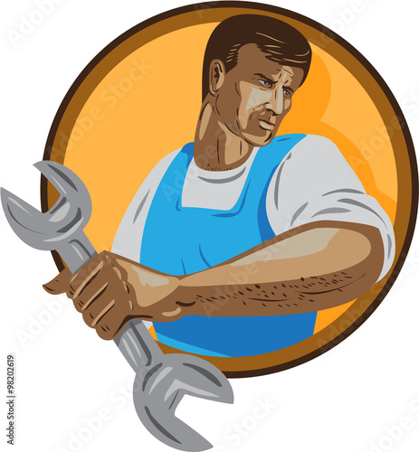 Mechanic Worker Holding Spanner Circle WPA
