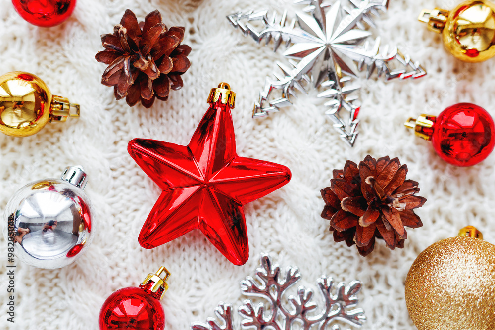 Christmas and New Year background with decorations - balls, stars, pine cones. Christmas and New Year background with decorations - balls, stars, pine cones.
