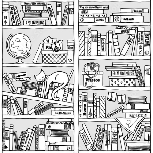 Hand drawn bookshelf with travel literature, globe, holiday photos and city guides - black and white