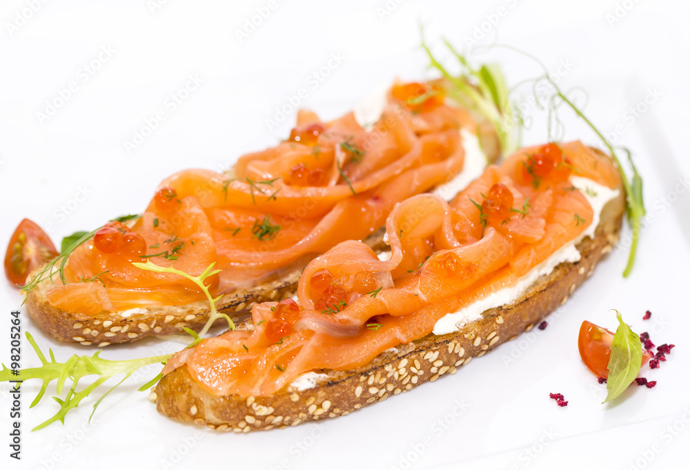 sandwiches with salmon caviar and greens adorned sandwiches with salmon caviar and greens adorned