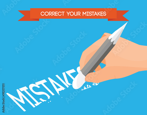 Correcting mistakes flat vector illustration. Hand with pencil erasing mistakes