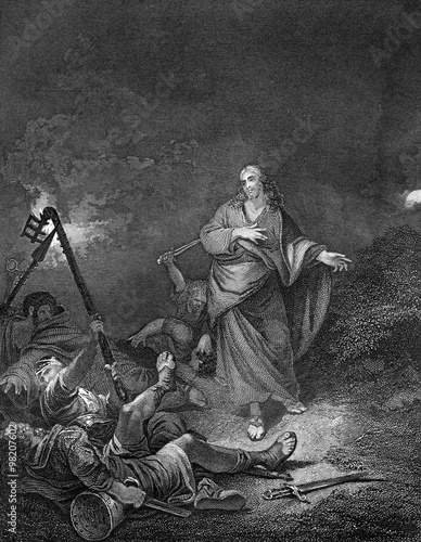 Fotografia, Obraz An engraved vintage illustration image of the Betrayal of Jesus Christ by Judas,