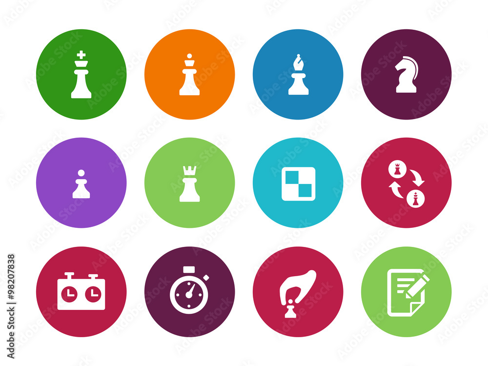 Chess figures circle icons on white background.