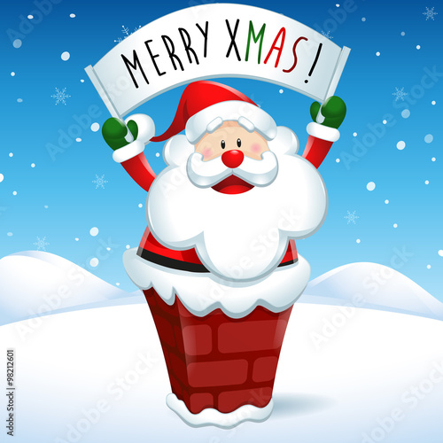 Merry Xmas, Santa Claus into the chimney with placard, in snow scene