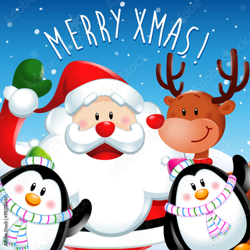 Merry Xmas, Santa Claus and friends. Blue scene