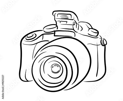DSLR Camera Line Art, a hand drawn vector line art illustration of a DSLR camera, perfect for company logo or for photography projects illustration.