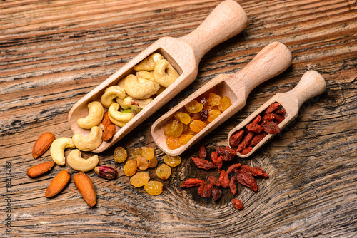 Nuts and other Dried fruits on natural wood