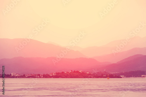 Water Bay against the backdrop of mountains and small villages.