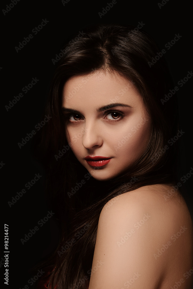 Close-up portrait of beautiful woman with red lipstick Close-up portrait of beautiful woman with red lipstick