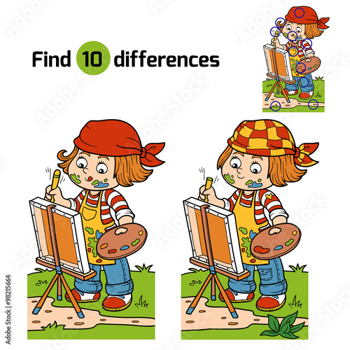 Find differences (Girl artist draws on nature, open air)