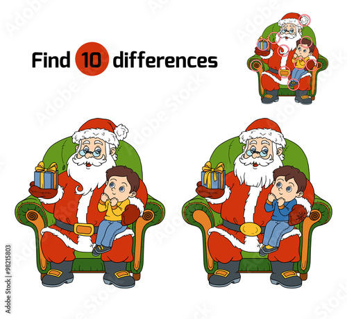 Find differences game: Santa Claus gives a gift a little boy