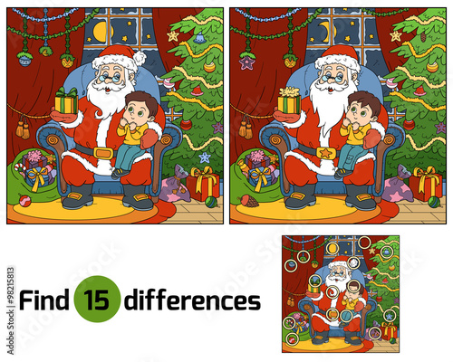 Find differences game: Santa Claus gives a gift a little boy