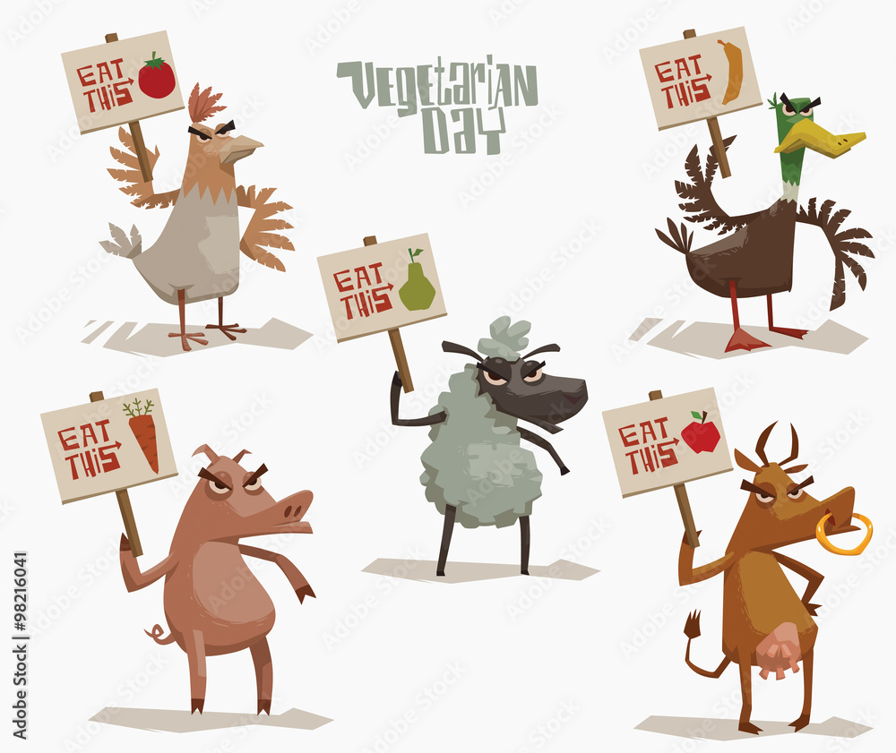 Vector cartoon image of angry animals: chicken, duck, sheep, pig and cow,  holding posters in support of vegetarianism on a light background. Stock  Vector | Adobe Stock