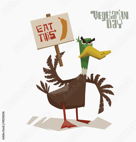 Vector cartoon image of a brown and green angry duck holding a poster with yellow banana on a light background. In support of vegetarianism.