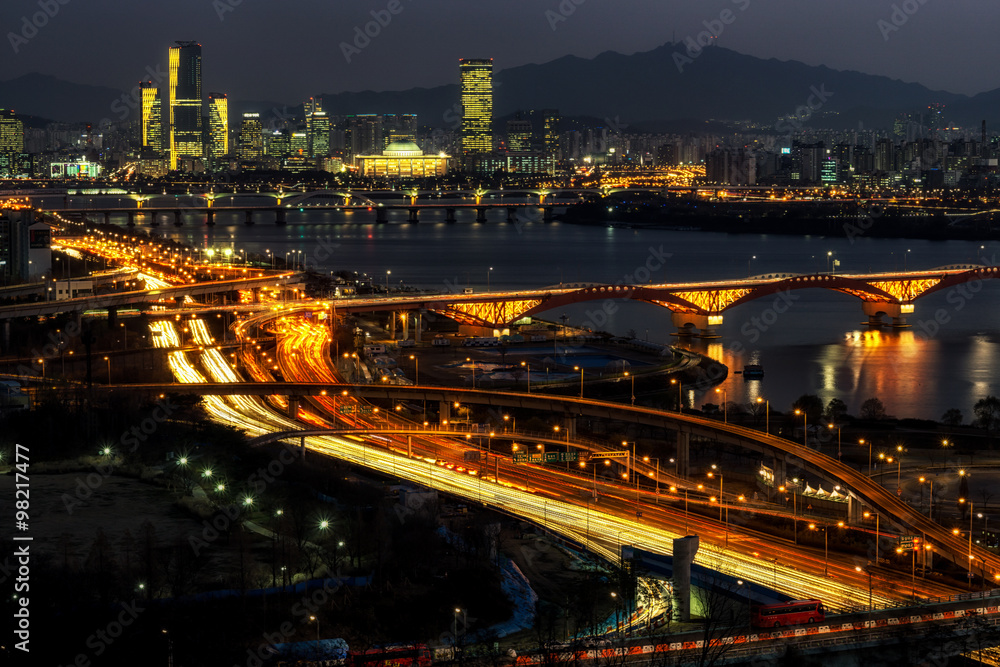 Night traffic over han river in seoul