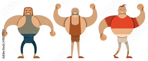 Vector Set of big sportsmen in flat style. Cartoon image of a big round strong sportsmen in leotard of  different color on a light background. Drawn in a flat style.