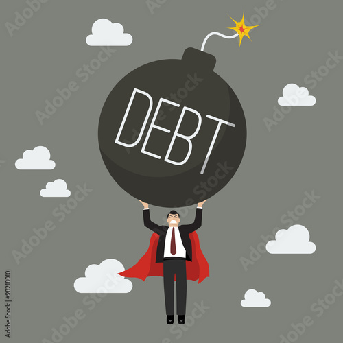 Businessman superhero carry debt bomb