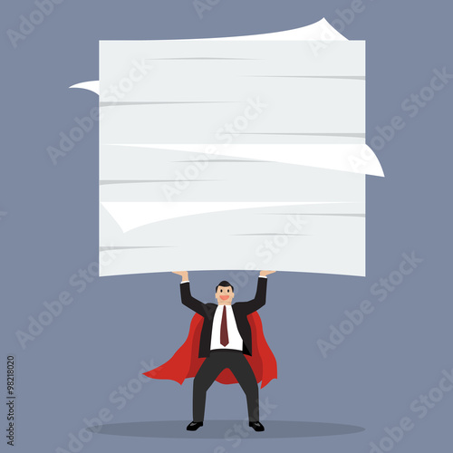 businessman superhero lifting a lot of documents