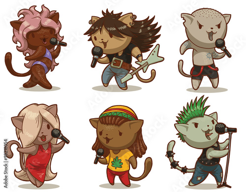 Vector Set of cats singing songs in different styles. Set of funny cats singing songs in different styles: pop, rock, rap, punk and others on a light background.