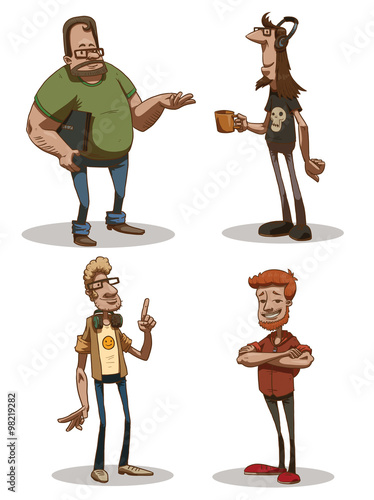 Vector Set of computer geeks. Cartoon image of four different computer geeks in different clothes and poses on a light background.