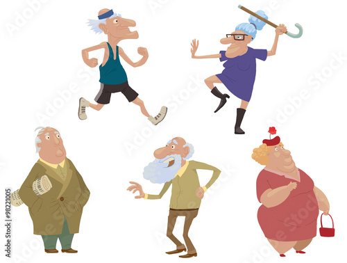 Vector Set of old people. Cartoon image of old people doing sport exercises or just standing on a light background.