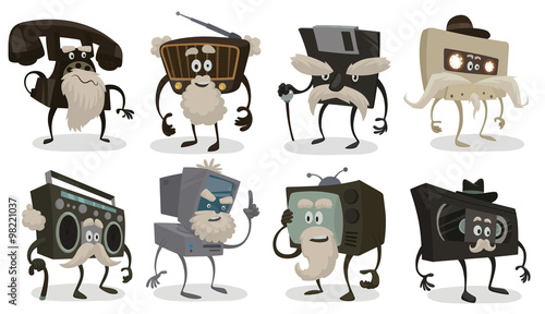 Vector cartoon image of a set of old things that were popular in the past, but now is not used: disk phone, radio, diskette, audio tape, boombox, computer, TV and video tape on a light background.