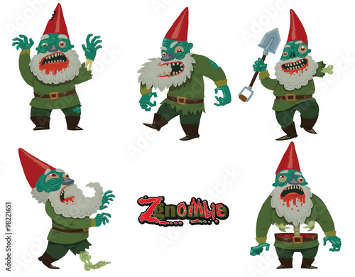 Vector Set of scary Zgnombies. Cartoon image of five scary Zgnombies with green skin with white beards in a green suits and red caps on a light background.
