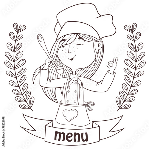 cute girl chef cook with a ladle. menu.