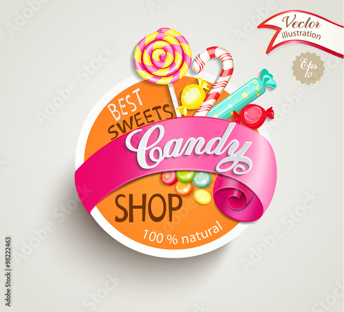 Paper candy shop label with ribbon, vector illustration.