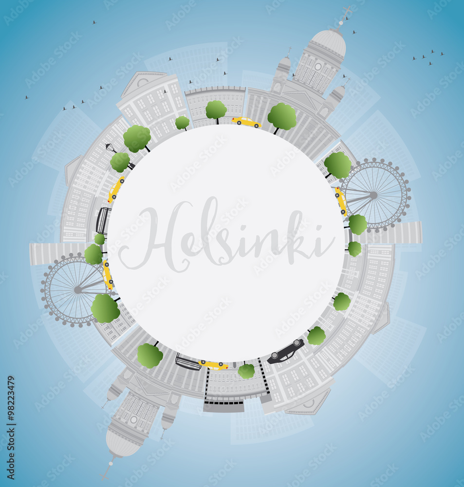 Helsinki skyline with grey buildings and copy space. Some elements have transparency mode different from normal. Helsinki skyline with grey buildings and copy space. Some elements have transparency mode different from normal.